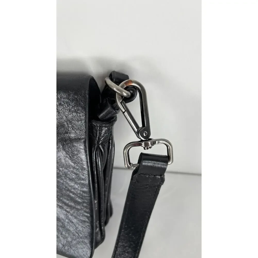 Lia Numa Womens Black Handbag Crossbody Strap Genuine Leather Grommet Purse